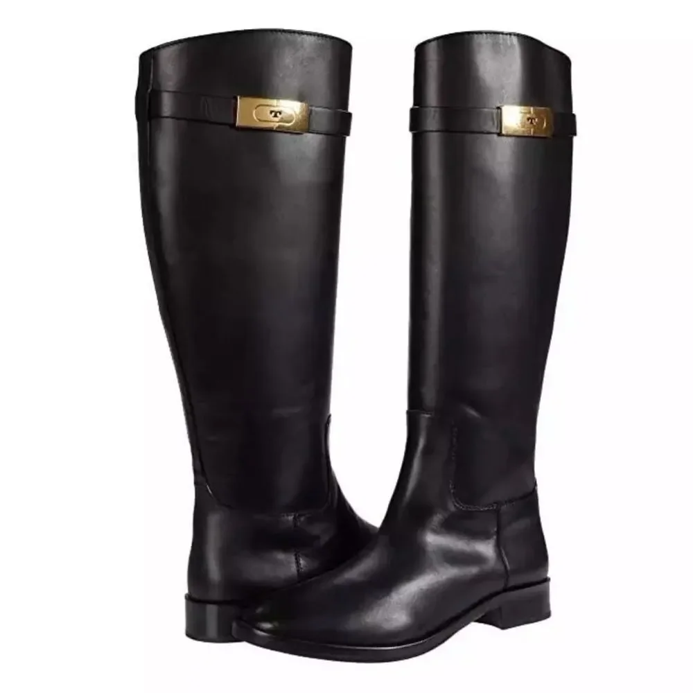 NWOB Tory Burch Calf Leather T-Hardware Tall Riding Boots in Perfect Black sz 6